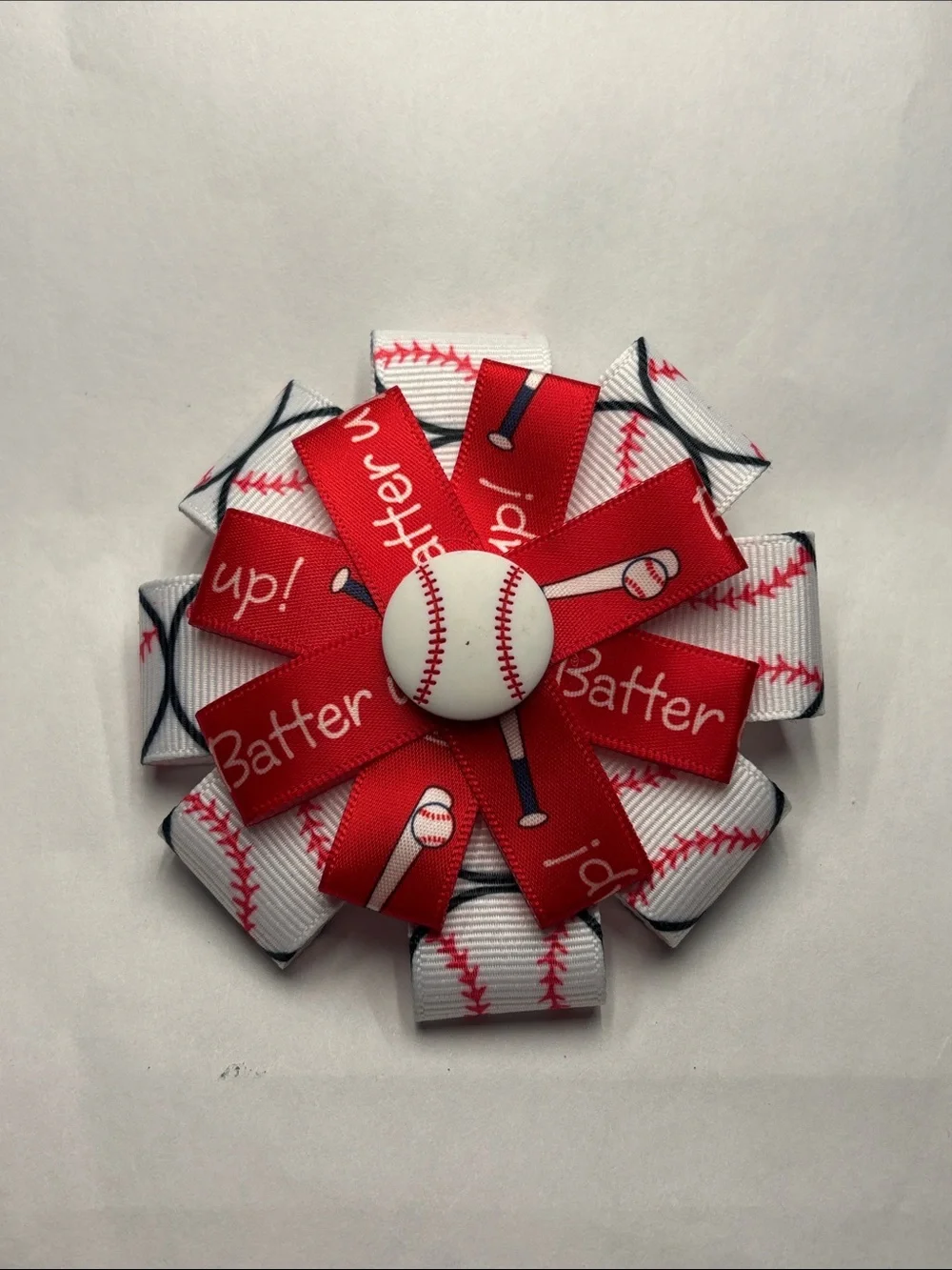 Baseball Ribbon Flower Hair Bow - Red and White